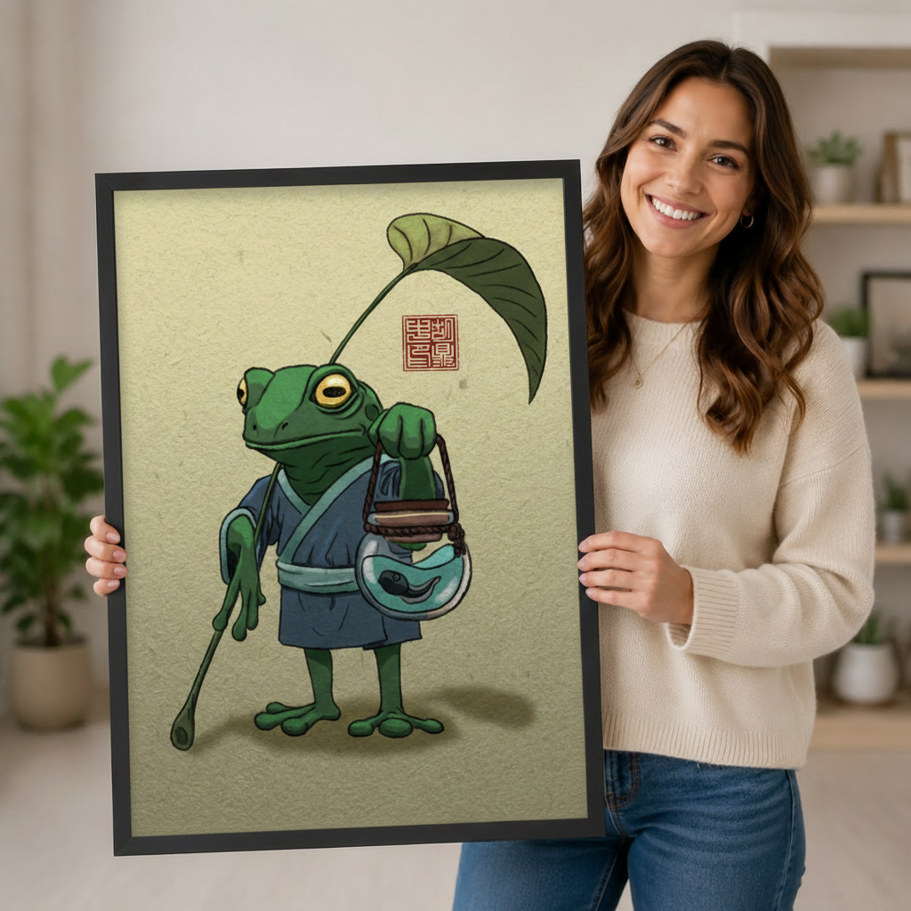 Japanese Frog Kimono Framed Canvas Wall Art
