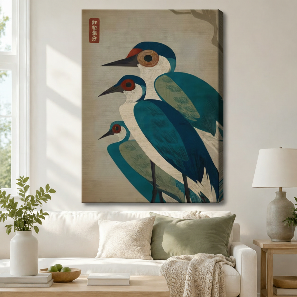 Japanese Crane Trio Framed Canvas Wall Art