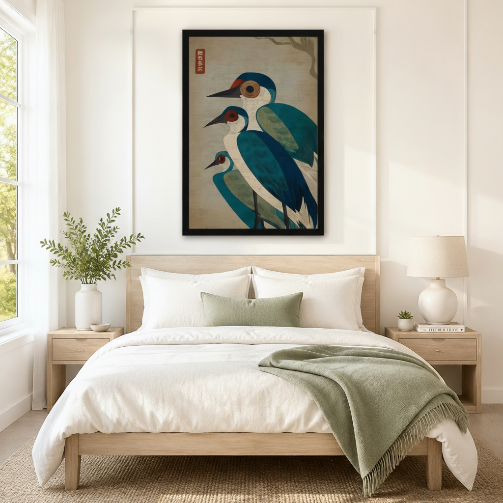 Japanese Crane Trio Framed Canvas Wall Art