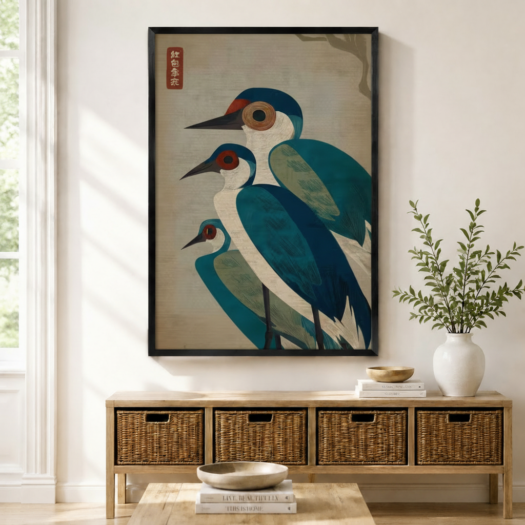 Japanese Crane Trio Framed Canvas Wall Art