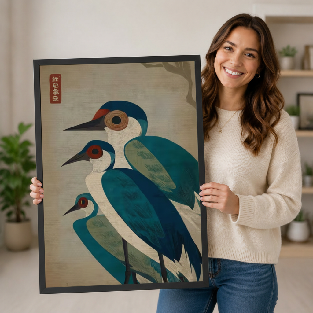 Japanese Crane Trio Framed Canvas Wall Art