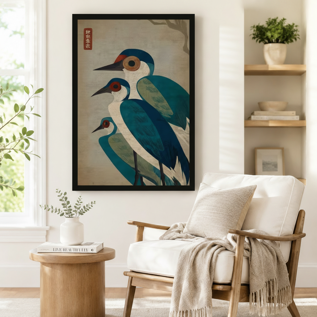 Japanese Crane Trio Framed Canvas Wall Art