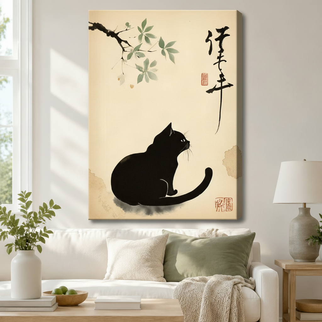 Japanese Ink Wash Black Cat Canvas Wall Art