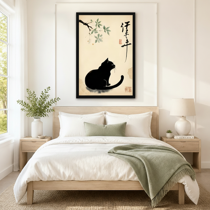 Japanese Ink Wash Black Cat Canvas Wall Art
