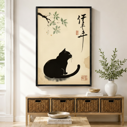 Japanese Ink Wash Black Cat Canvas Wall Art