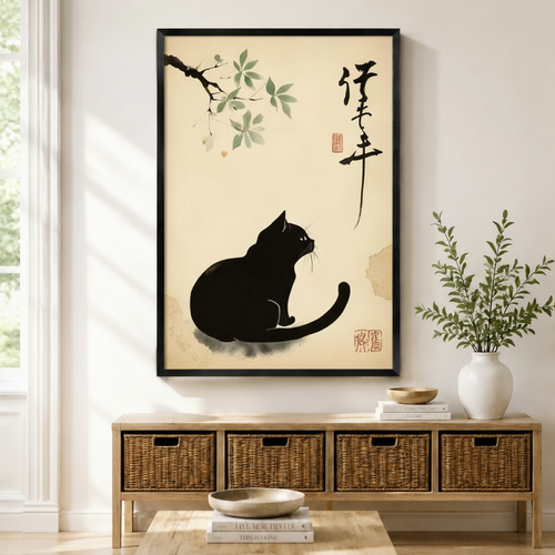 Japanese Ink Wash Black Cat Canvas Wall Art