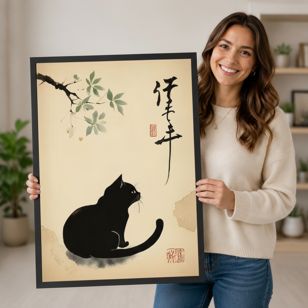 Japanese Ink Wash Black Cat Canvas Wall Art