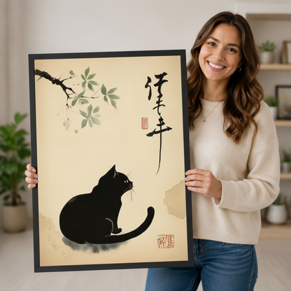 Japanese Ink Wash Black Cat Canvas Wall Art