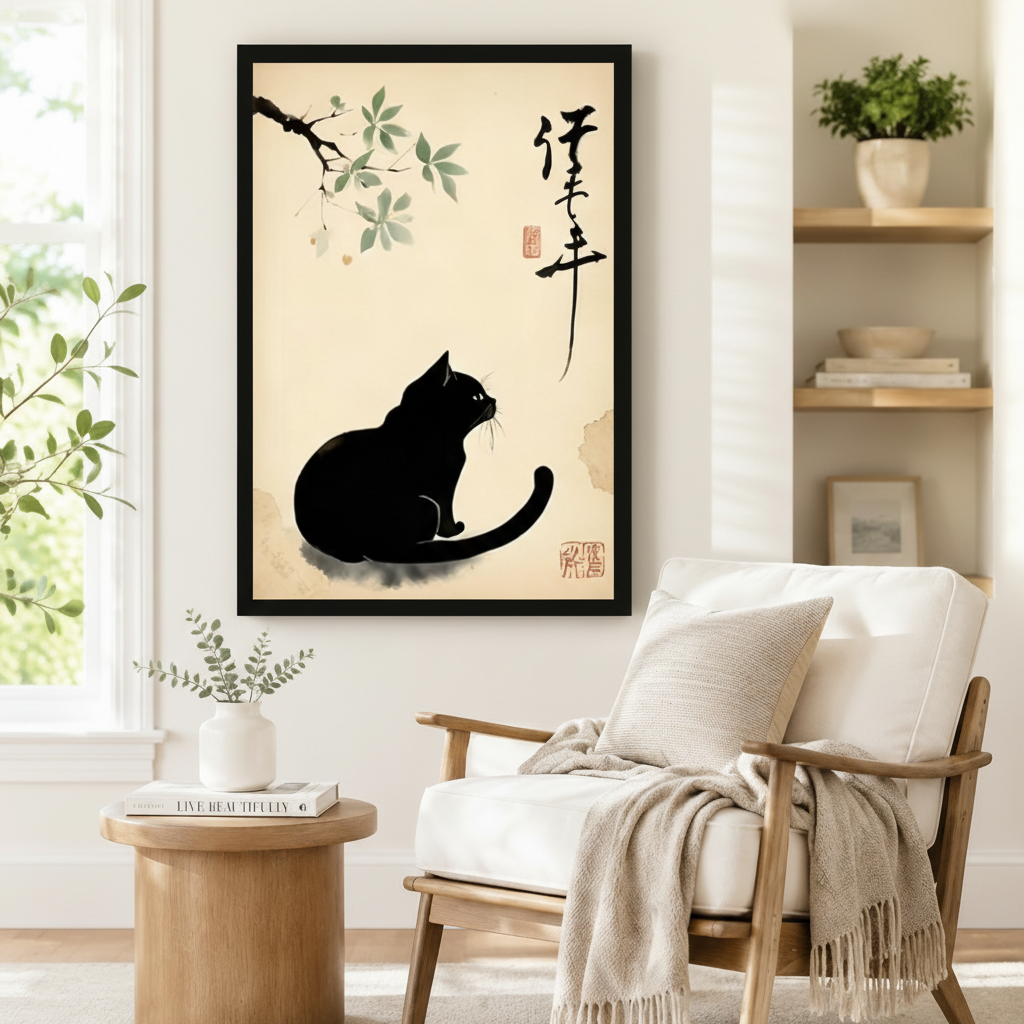 Japanese Ink Wash Black Cat Canvas Wall Art