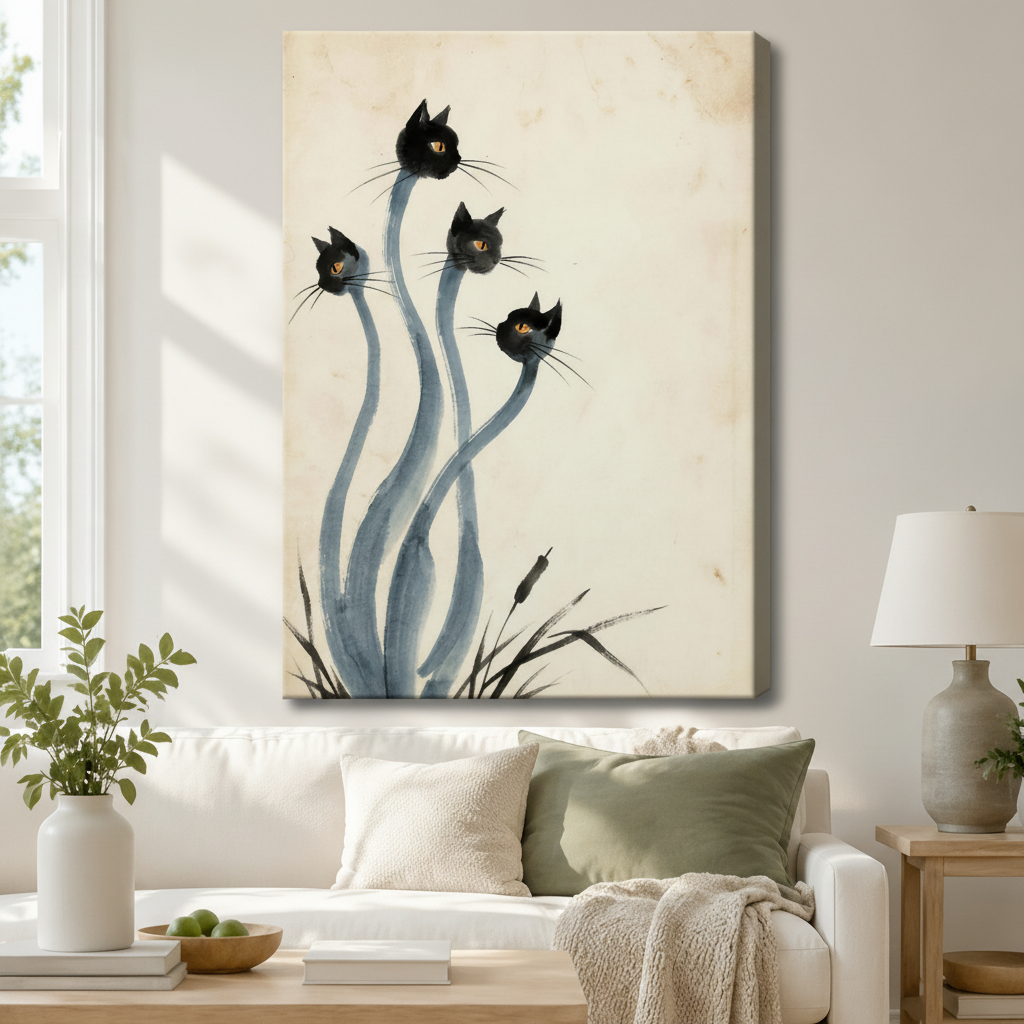 Zen Black Cats Ink Brush Canvas Wall Art
