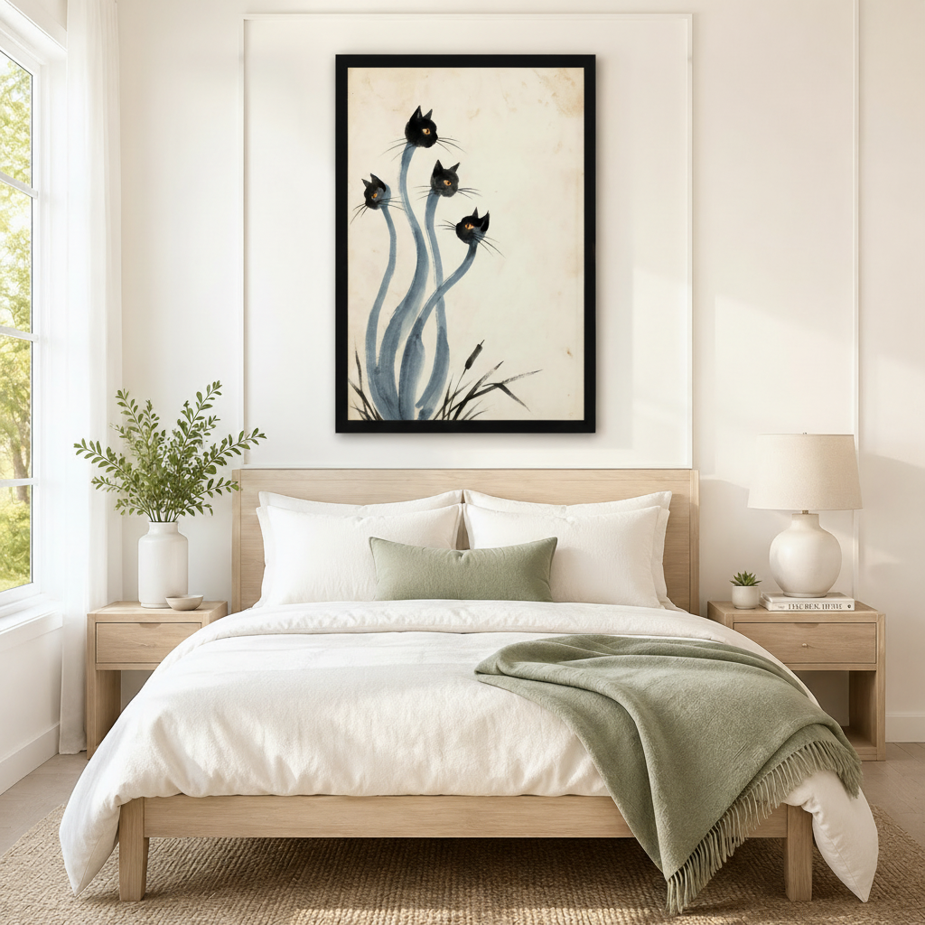 Zen Black Cats Ink Brush Canvas Wall Art