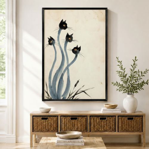 Zen Black Cats Ink Brush Canvas Wall Art