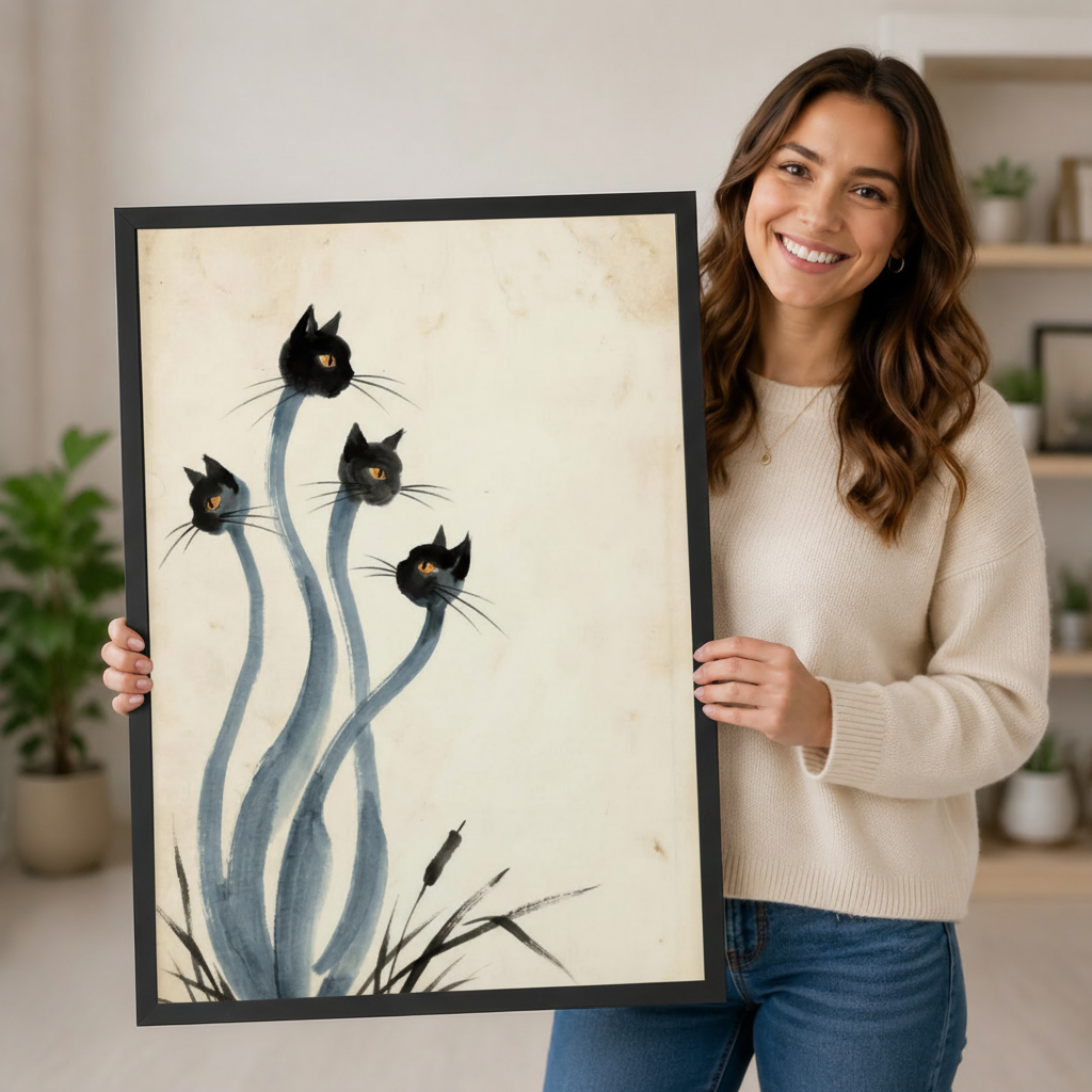 Zen Black Cats Ink Brush Canvas Wall Art