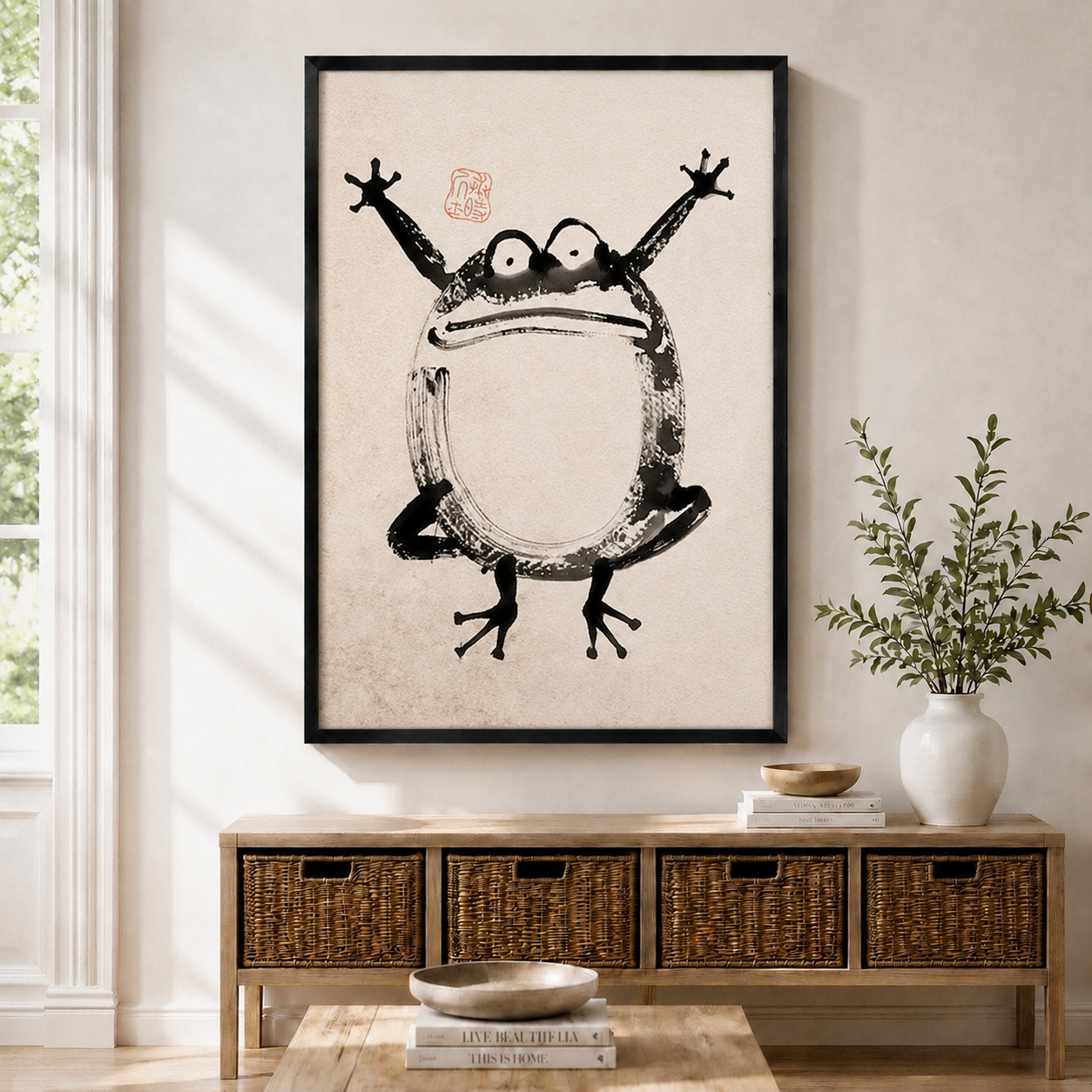 Japanese Ink Frog Whimsical Canvas Wall Art