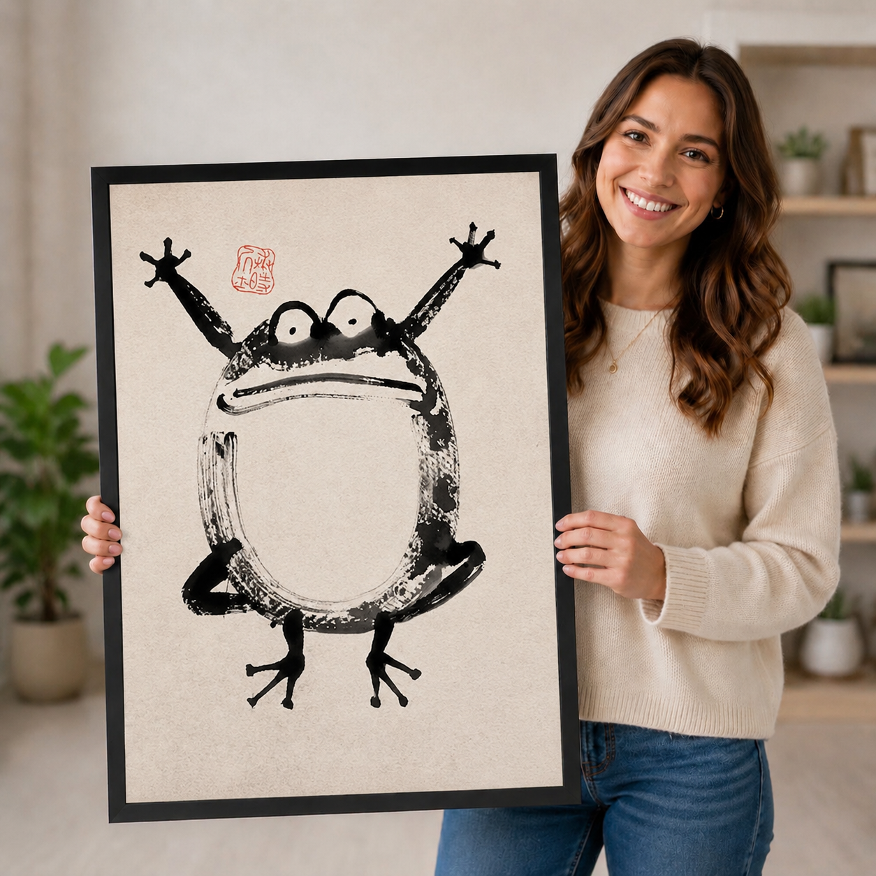 Japanese Ink Frog Whimsical Canvas Wall Art