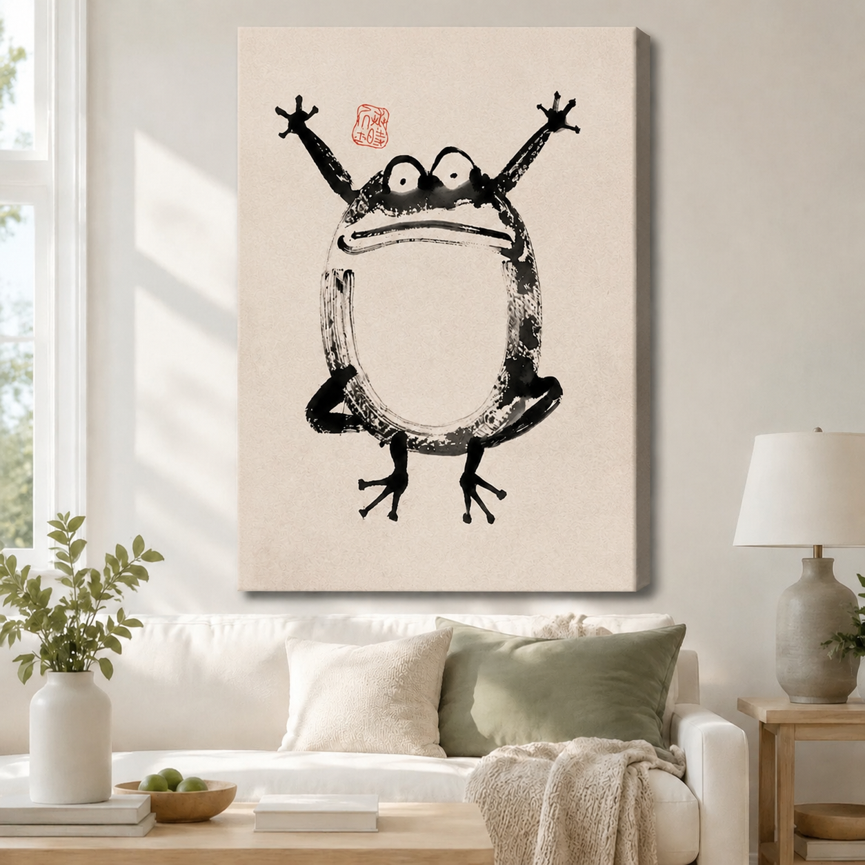 Japanese Ink Frog Whimsical Canvas Wall Art