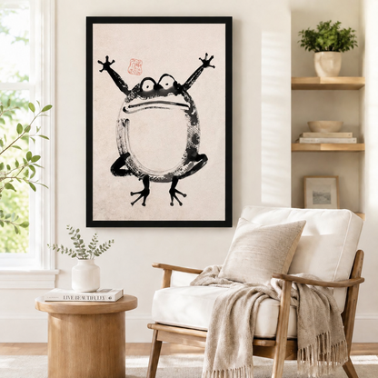 Japanese Ink Frog Whimsical Canvas Wall Art