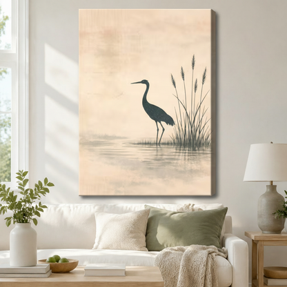 Zen Heron Reeds Minimalist Canvas Wall Art