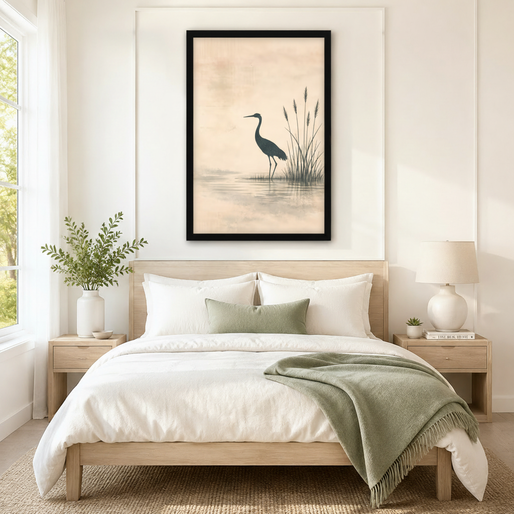 Zen Heron Reeds Minimalist Canvas Wall Art
