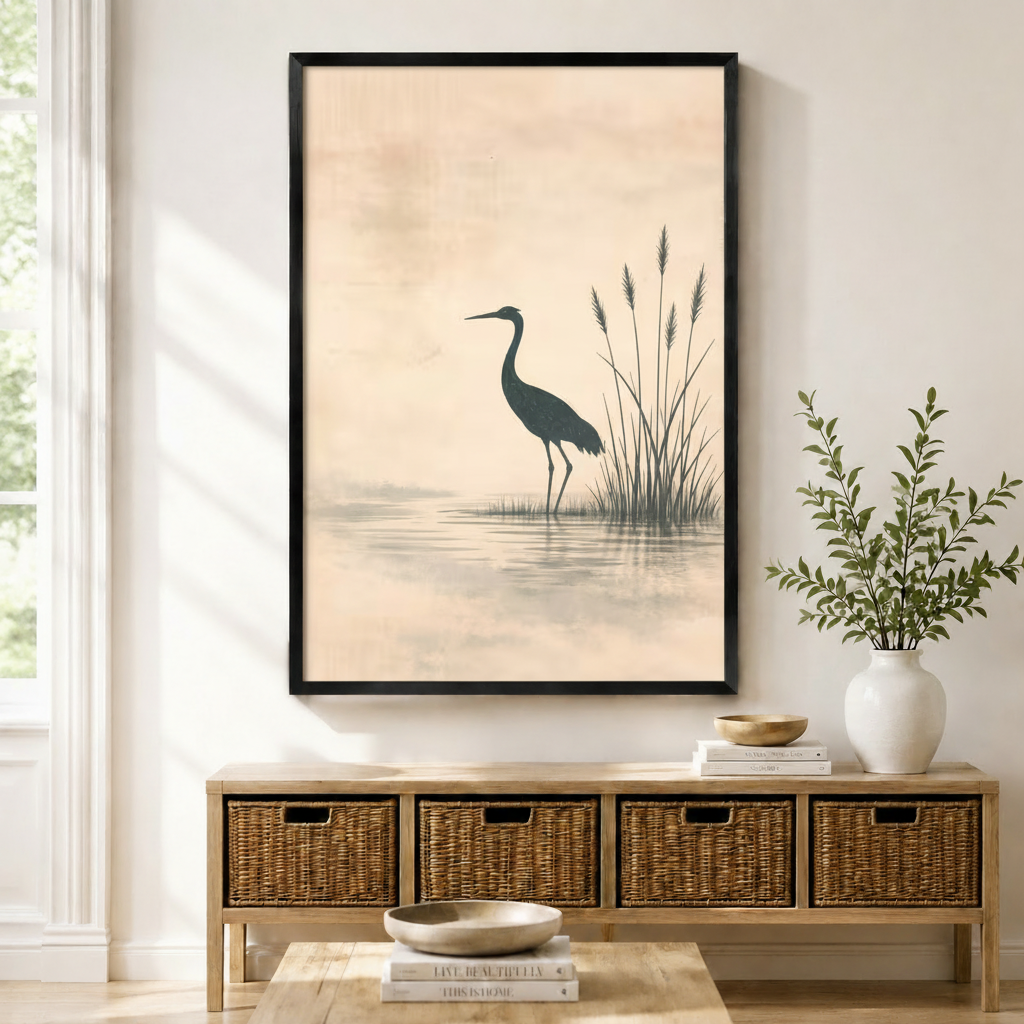 Zen Heron Reeds Minimalist Canvas Wall Art