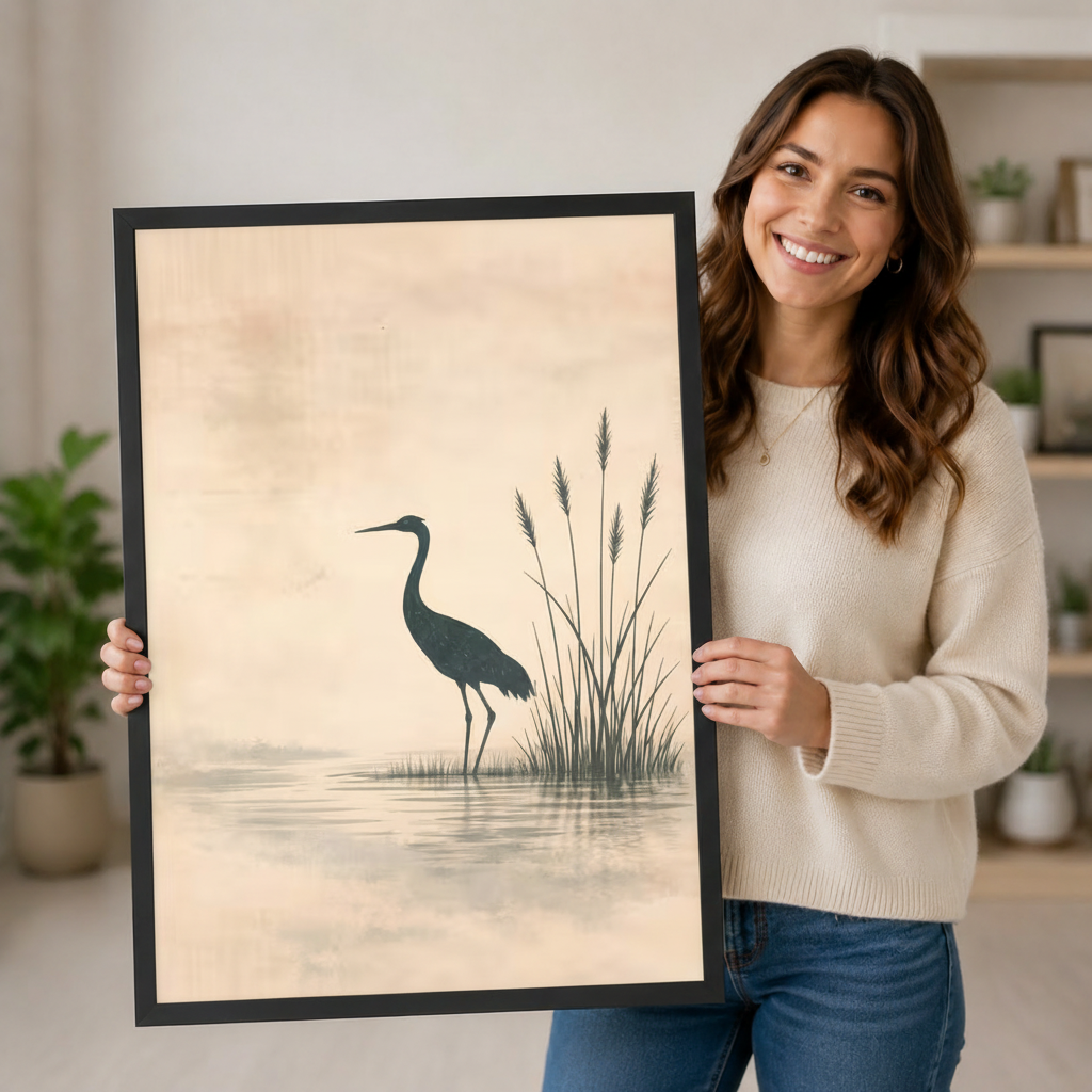 Zen Heron Reeds Minimalist Canvas Wall Art
