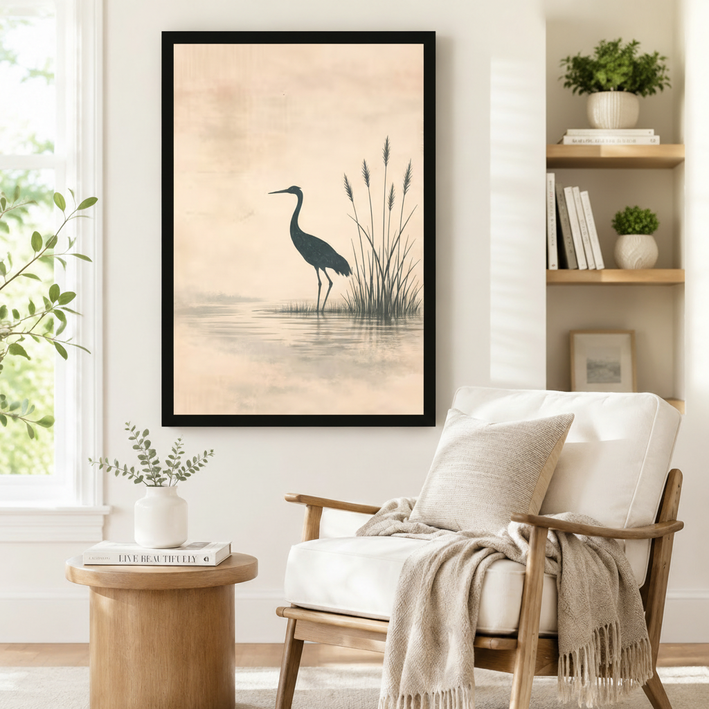 Zen Heron Reeds Minimalist Canvas Wall Art