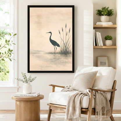 Zen Heron Reeds Minimalist Canvas Wall Art