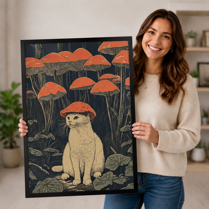 Mushroom Forest Cat Framed Canvas Wall Art
