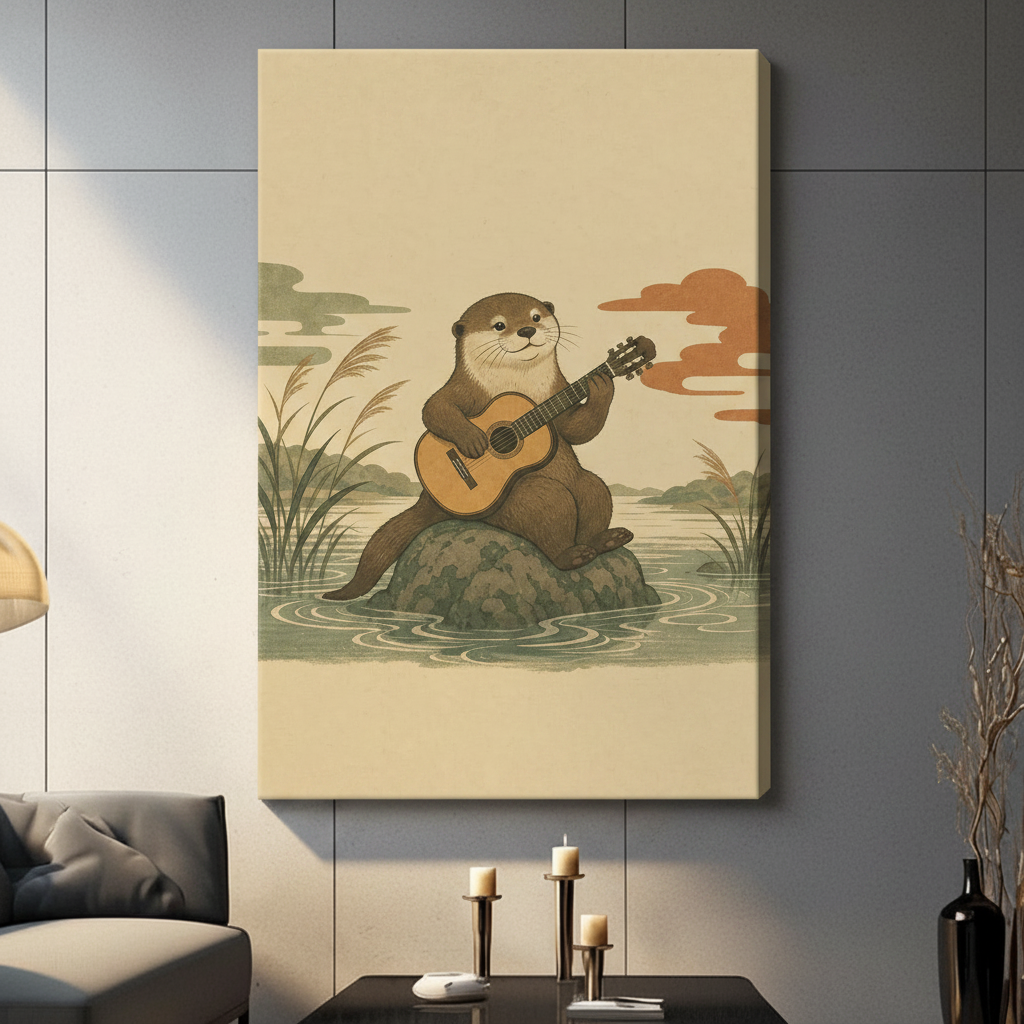Otter Playing Guitar Japanese Woodblock Whimsical Canvas Art
