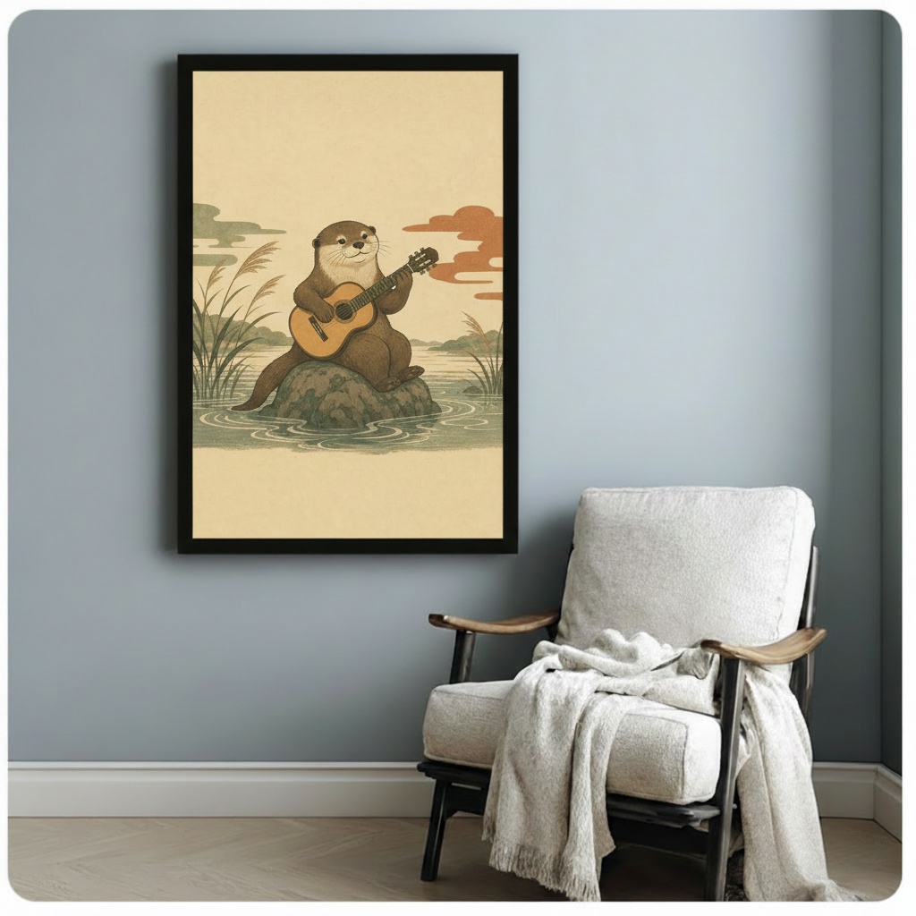 Otter Playing Guitar Japanese Woodblock Whimsical Canvas Art
