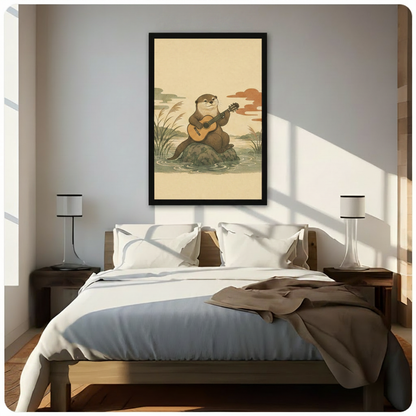 Otter Playing Guitar Japanese Woodblock Whimsical Canvas Art