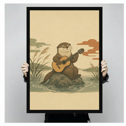Otter Playing Guitar Japanese Woodblock Whimsical Canvas Art