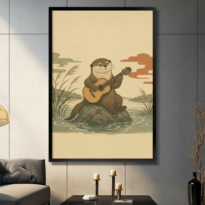 Otter Playing Guitar Japanese Woodblock Whimsical Canvas Art