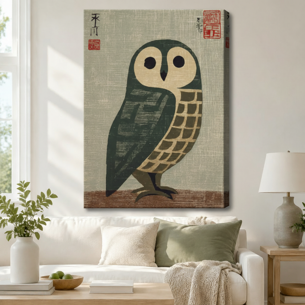 Japanese Barn Owl Woodblock Canvas Wall Art