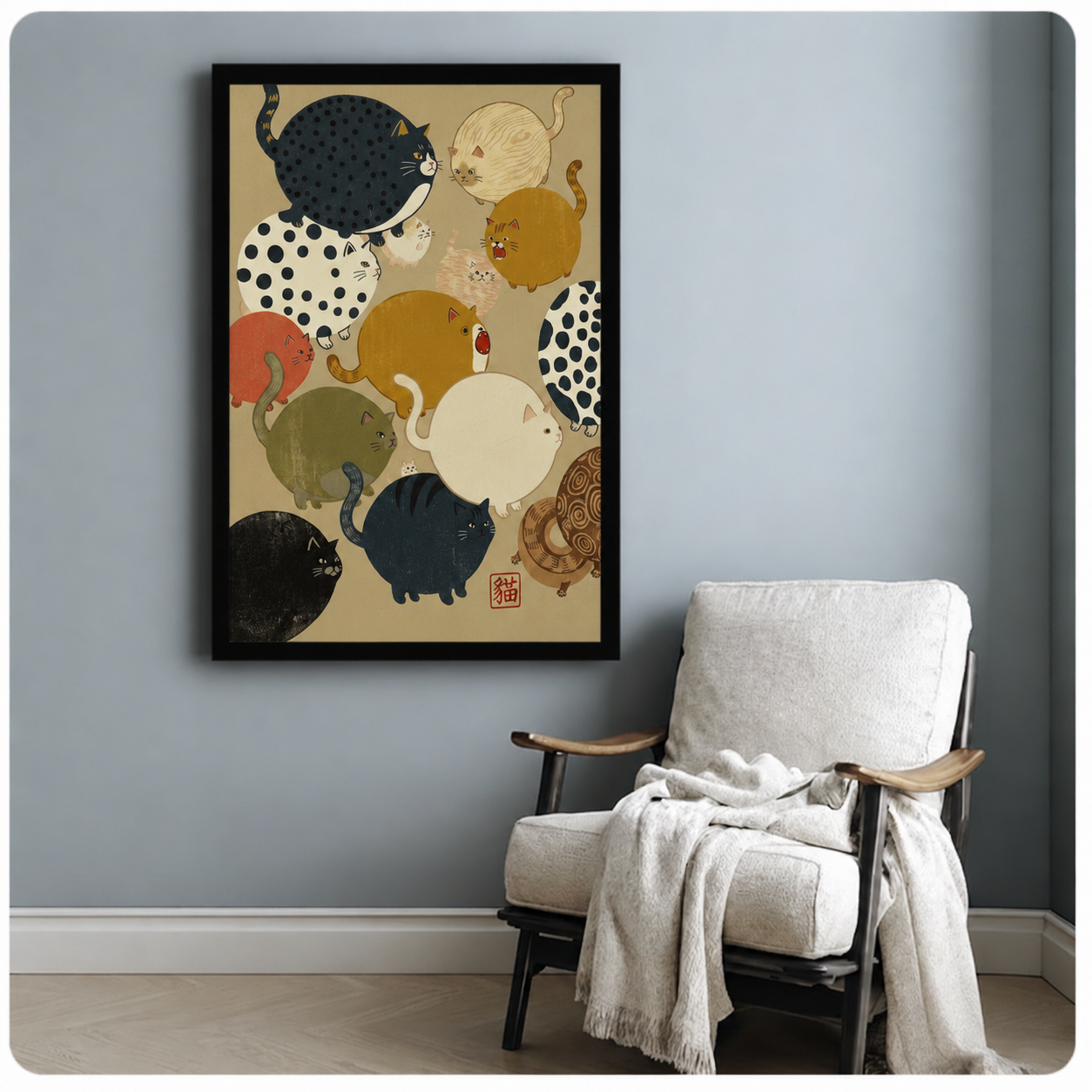 Japanese Ukiyo-e Chubby Cats Framed Canvas Art