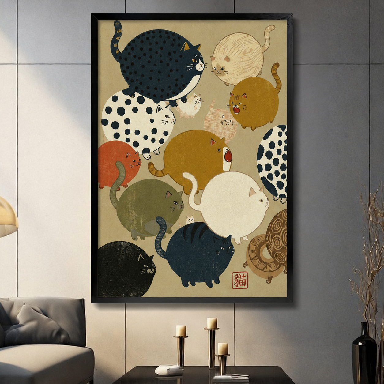 Japanese Ukiyo-e Chubby Cats Framed Canvas Art
