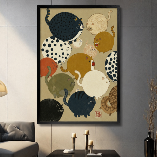 Japanese Ukiyo-e Chubby Cats Framed Canvas Art