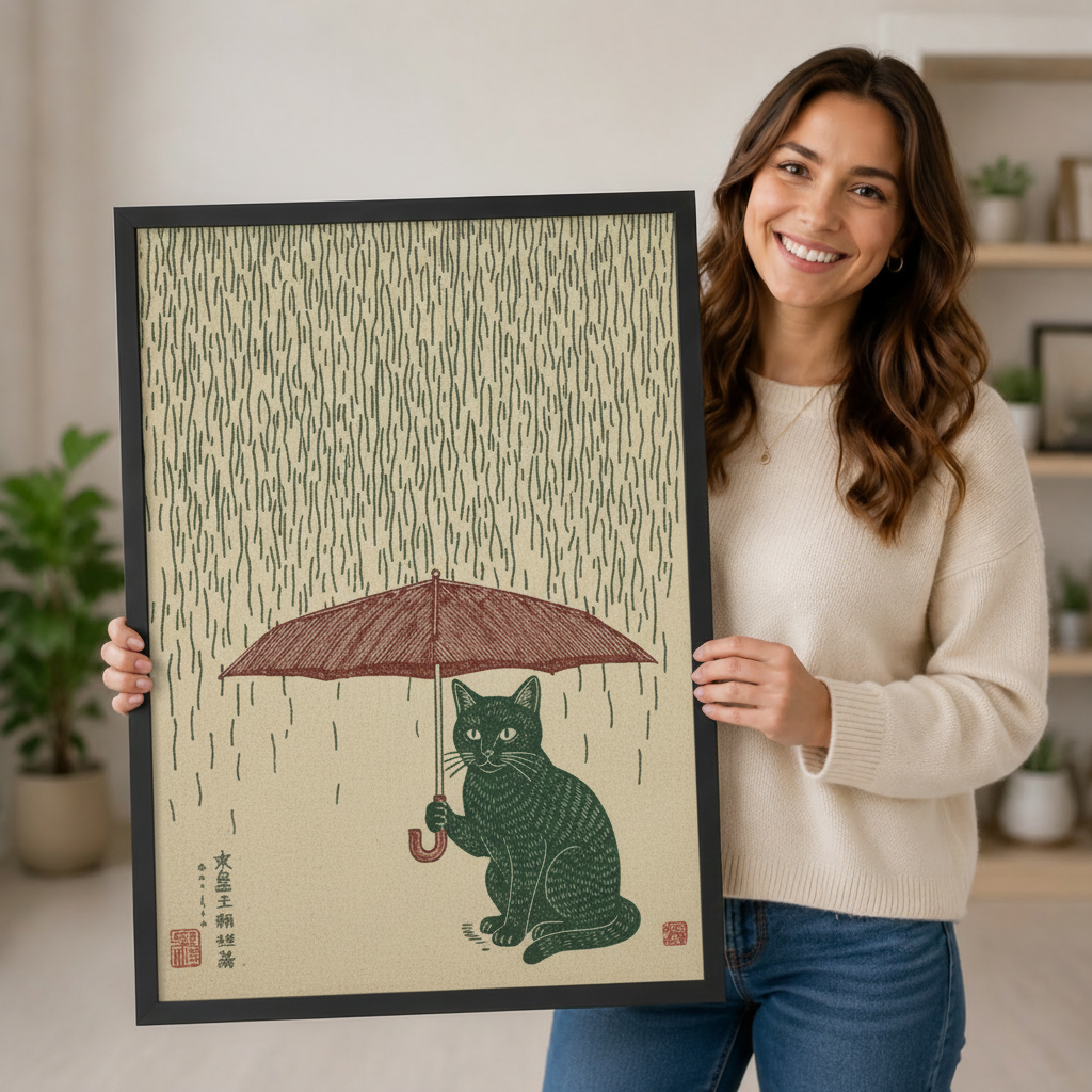 Japanese Cat Rain Woodblock Framed Canvas Art