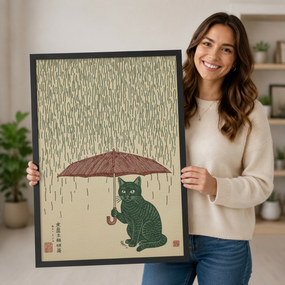 Japanese Cat Rain Woodblock Framed Canvas Art