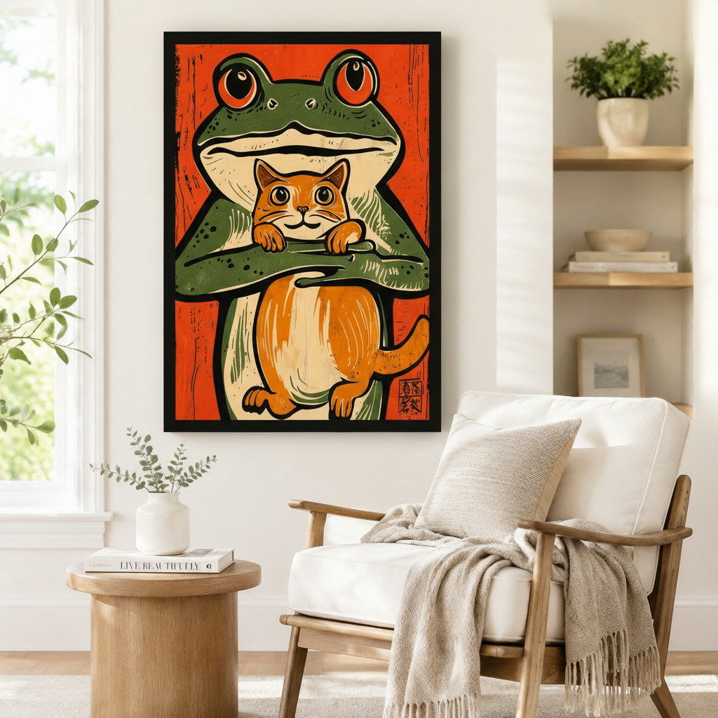 Japanese Woodblock Frog Cat Canvas Wall Art