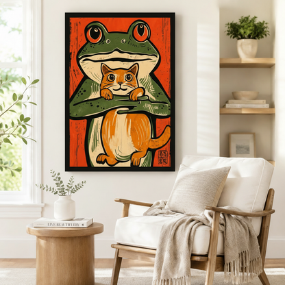 Japanese Woodblock Frog Cat Canvas Wall Art