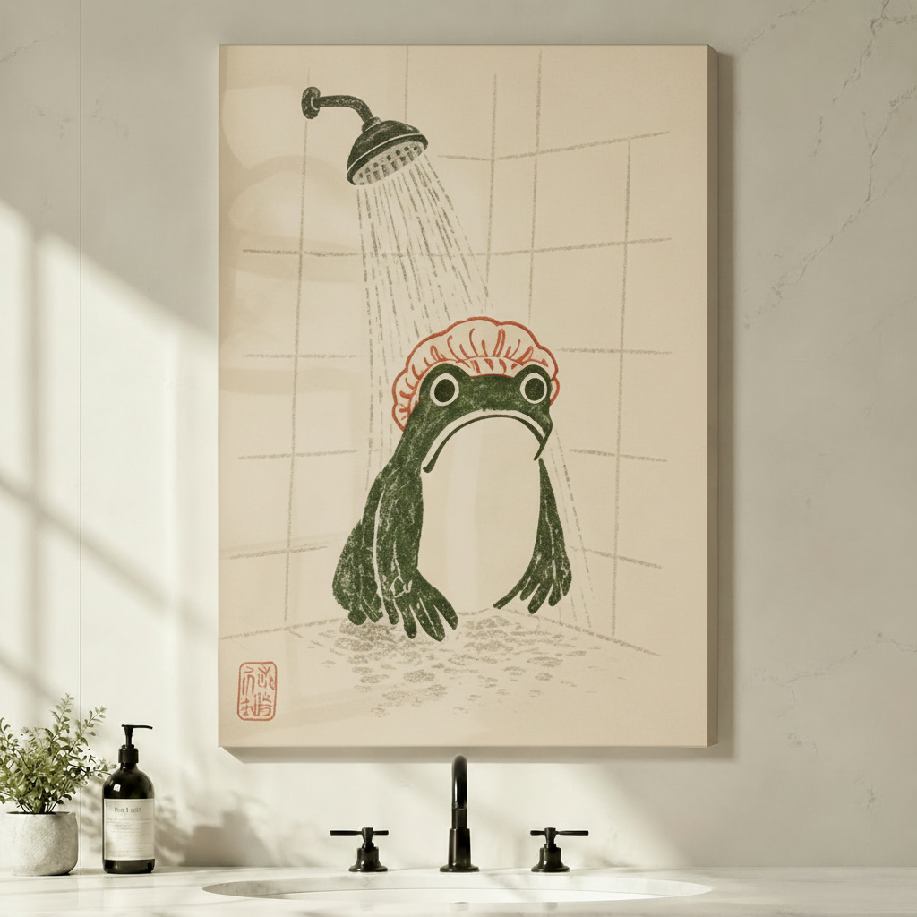 Japanese Frog Shower Funny Bathroom Canvas Wall Art