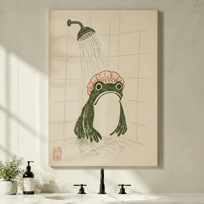 Japanese Frog Shower Funny Bathroom Canvas Wall Art