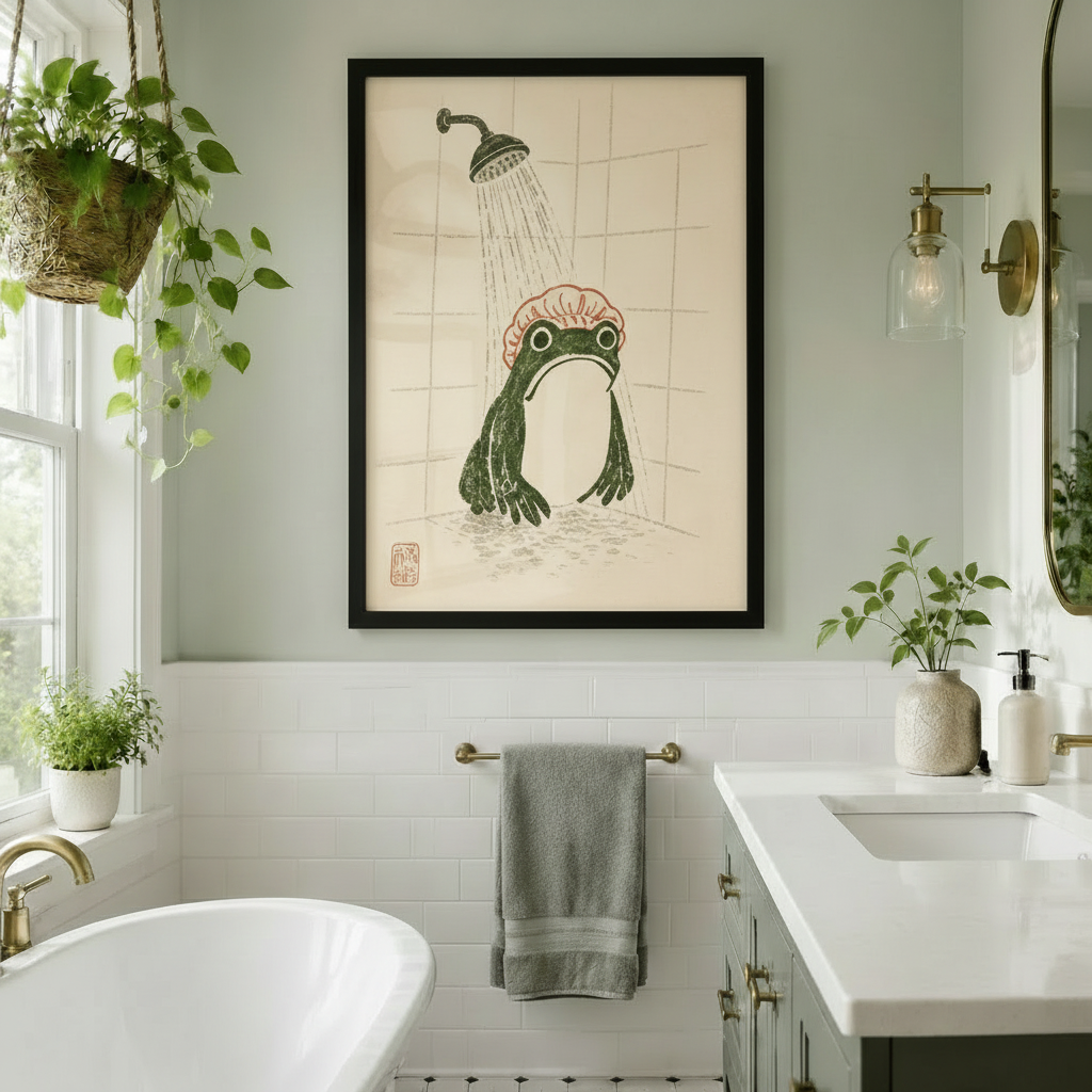 Japanese Frog Shower Funny Bathroom Canvas Wall Art
