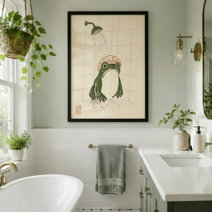 Japanese Frog Shower Funny Bathroom Canvas Wall Art