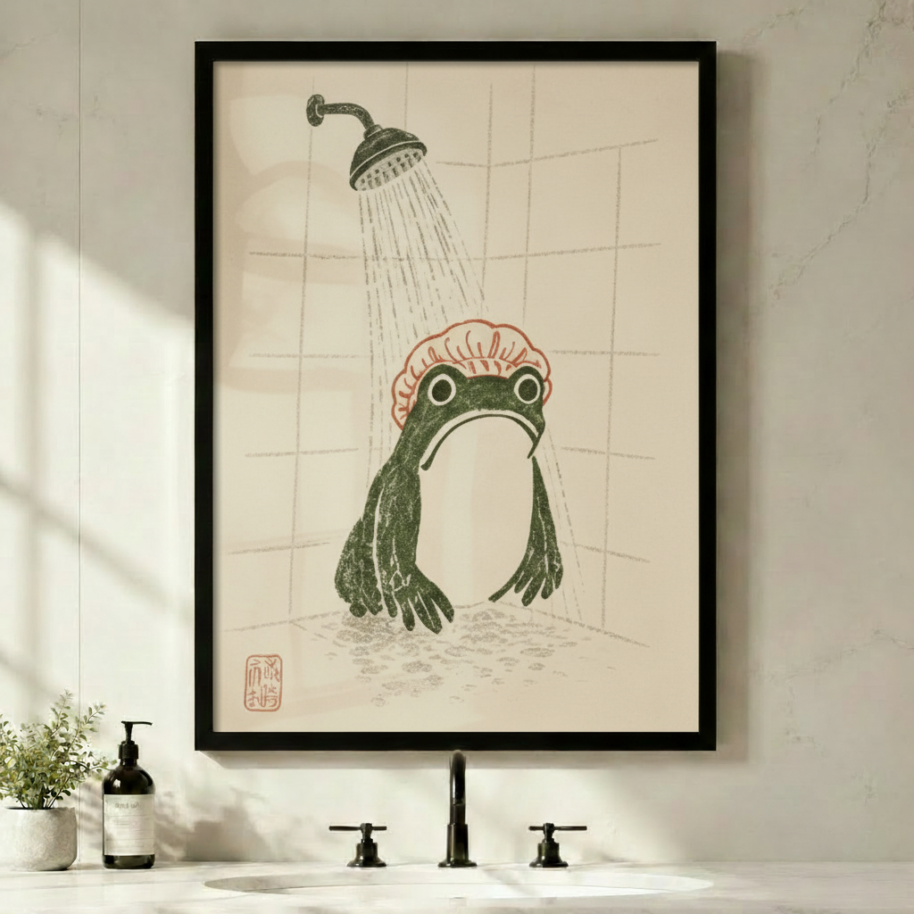 Japanese Frog Shower Funny Bathroom Canvas Wall Art