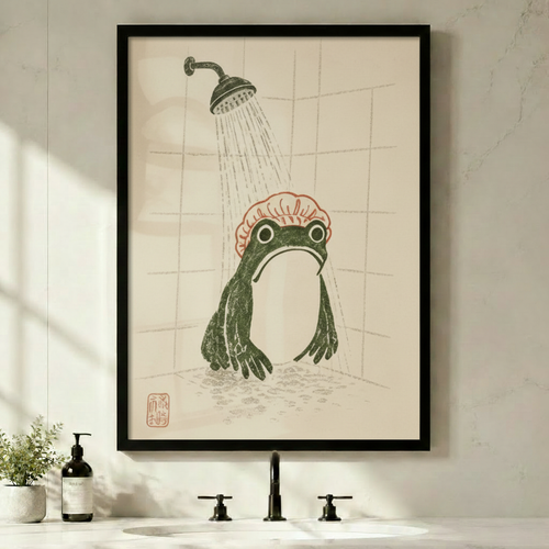 Japanese Frog Shower Funny Bathroom Canvas Wall Art