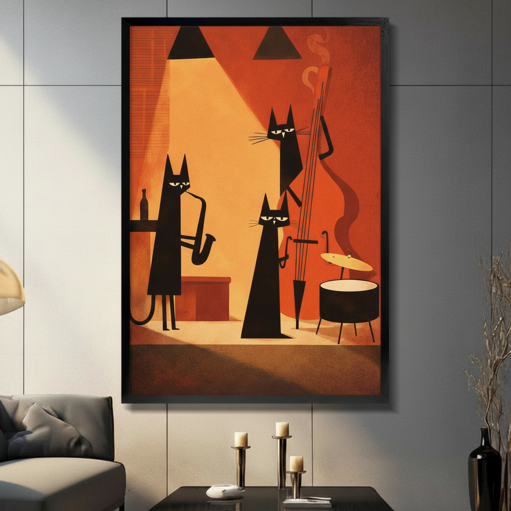 Retro Jazz Cat Band Canvas Wall Art