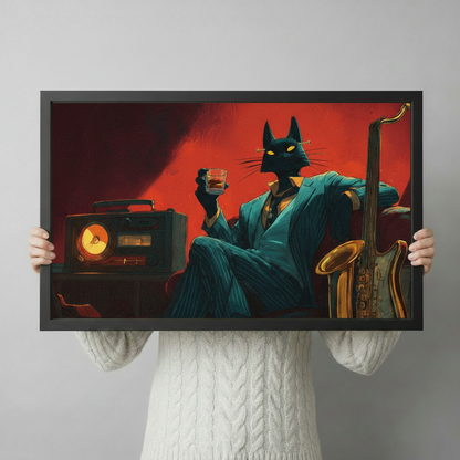 Noir Jazz Cat Framed Canvas Wall Art