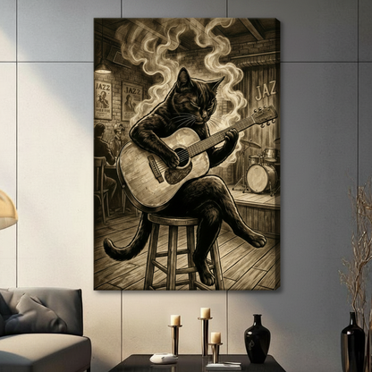 Jazz Bar Black Cat Guitar Vintage Canvas Art Wall Art